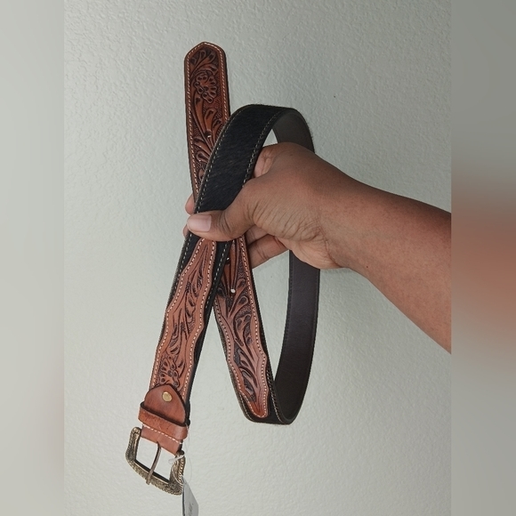 Brown Hand Tooled Leather and Dark Brown and White Cowhide Belt main image 5